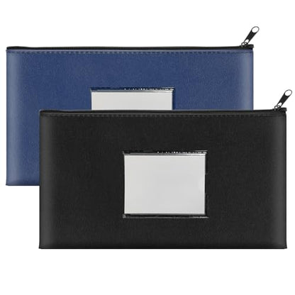 2 Pack PU Leather Bank Money Bags with Zipper & Label, Black & Navy Blue - color: Black & Navy Blue