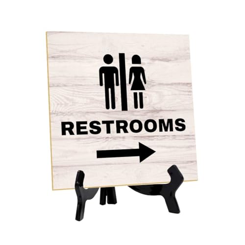 Restrooms Right 5"x 5" Square Table Sign With Acrylic Easel | General Office Notices & Business Table Signs - color: Restrooms Right