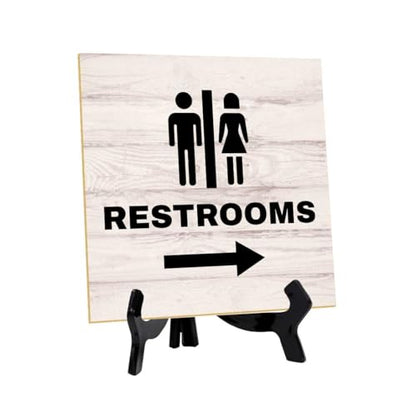 Restrooms Right 5"x 5" Square Table Sign With Acrylic Easel | General Office Notices & Business Table Signs - color: Restrooms Right