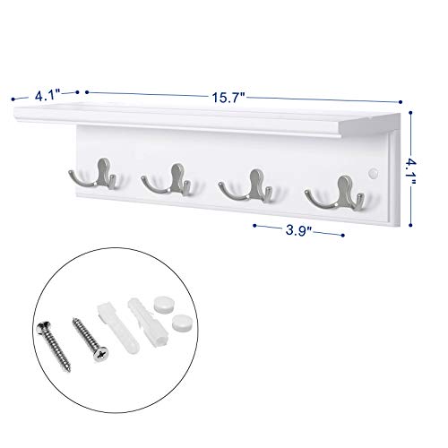 SONGMICS Wall-Mounted Coat Rack with Shelf, 4 Dual Metal Hooks - color: White, size: 1 Pack-4 Hooks, style: With Shelf