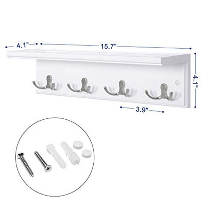 SONGMICS Wall-Mounted Coat Rack with Shelf, 4 Dual Metal Hooks - color: White, size: 1 Pack-4 Hooks, style: With Shelf