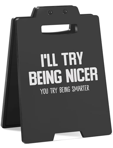 Funny Desk Sign - I'LL TRY BEING NICER, YOU TRY BEING SMARTER | Black Cubicle Decor, Humorous Office Desk Accessories for Women Men, Cool Things for My Office - style: I'LL TRY BEING NICER