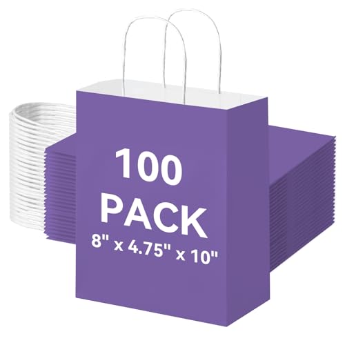 Brothersbox 100 Pack Paper Gift Bags with Handles, 8x4.75x10 Inch, Pueple - color: Purple