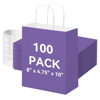 Brothersbox 100 Pack Paper Gift Bags with Handles, 8x4.75x10 Inch, Pueple - color: Purple