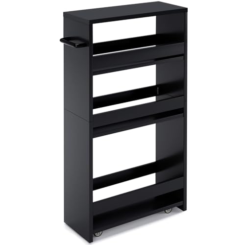 MARTY Slim Rolling Storage Cart, Wood Utility Kitchen Bathroom Laundry Cart - color: Black, size: 5.51"D x 15.75"W x 31.5"H