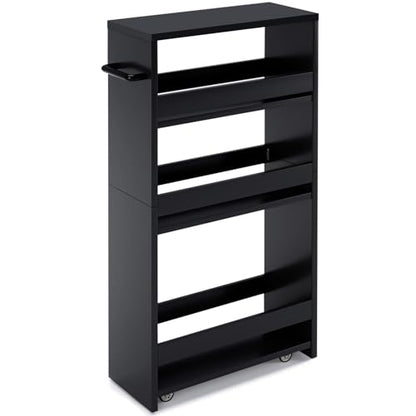 MARTY Slim Rolling Storage Cart, Wood Utility Kitchen Bathroom Laundry Cart - color: Black, size: 5.51"D x 15.75"W x 31.5"H