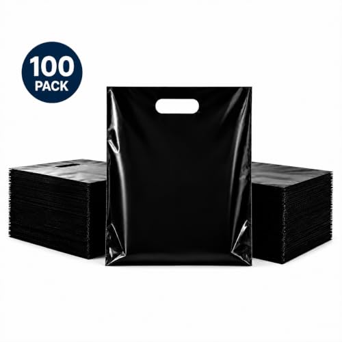 Purple Q Crafts 100 Count Black Plastic Merchandise Bags, 12" x 15", Die-Cut Handle Retail Shopping Bags, Plastic Gift Bags for Retail Stores and Events