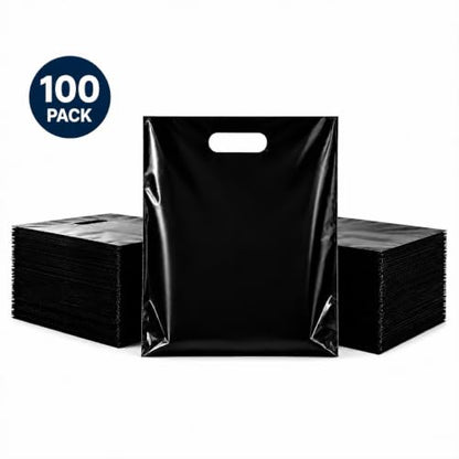 Purple Q Crafts 100 Count Black Plastic Merchandise Bags, 12" x 15", Die-Cut Handle Retail Shopping Bags, Plastic Gift Bags for Retail Stores and Events