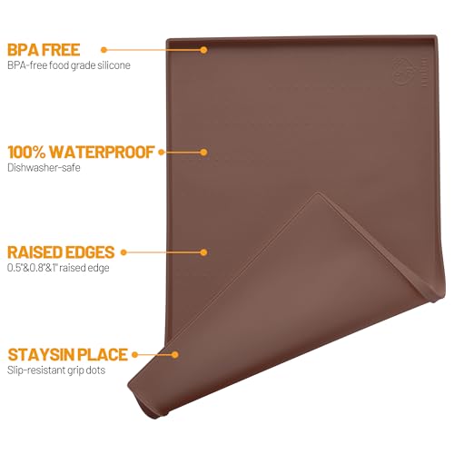 Hubulk Dog Feeding Mat,100% Waterproof Food Grade Silicone Pet Food and Water Bowl Placemat,Dishwasher, High Raised Edge to Prevent Spills,Nonslip Tray to Stop Messes on Floor（32"x24"x1.0", Brown） - color: Brown, size: 32"l X 24"w