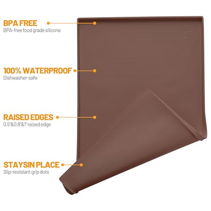 Hubulk Dog Feeding Mat,100% Waterproof Food Grade Silicone Pet Food and Water Bowl Placemat,Dishwasher, High Raised Edge to Prevent Spills,Nonslip Tray to Stop Messes on Floor（32"x24"x1.0", Brown） - color: Brown, size: 32"l X 24"w