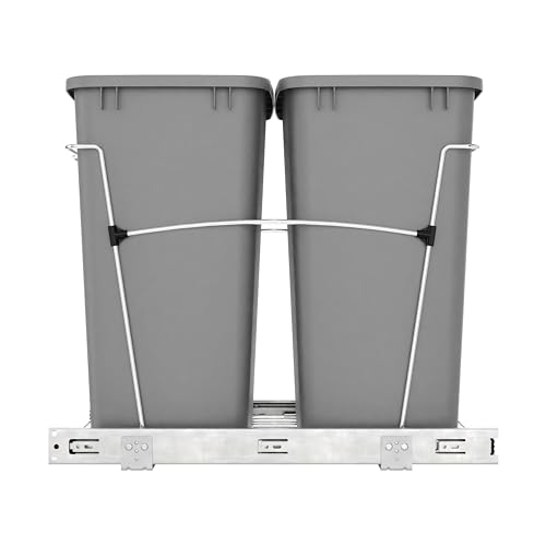 Rev-A-Shelf Double Pullout Garbage Trash Cans for Kitchen Cabinets, 35 Qt - color: Metallic Silver