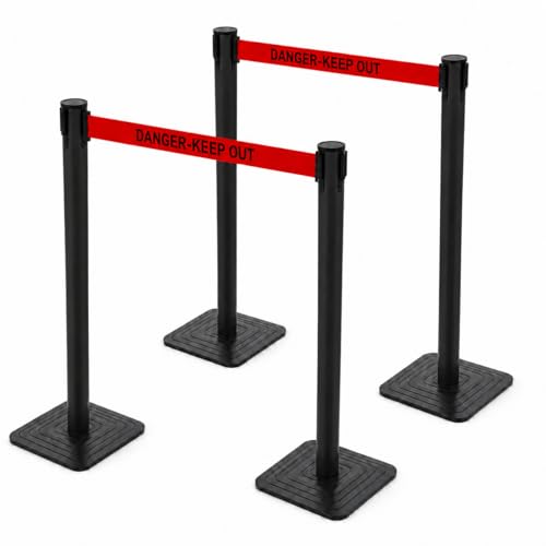 4-Pack Black Crowd Control Stanchions with 10FT Red Retractable "Danger Keep Out Belt", Heavy Duty Safety Barrier Posts for Construction, Warehouses & Events - color: Danger Keep Out Belt, size: Rectangular Base