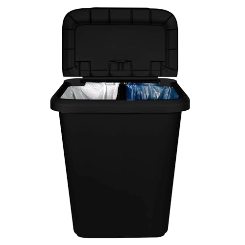 Kitchen Trash Can 20.4 Gallon, Dual Compartment Garbage & Recycling Bin with Lift Top Lid, Plastic Wastebasket for Kitchen, Office, Home - Black