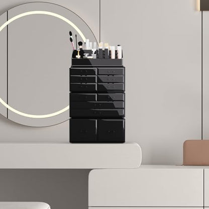 Readaeer Makeup Cosmetic Organizer Storage Drawers Display Boxes Case with 12 Drawers (Black) - color: Black
