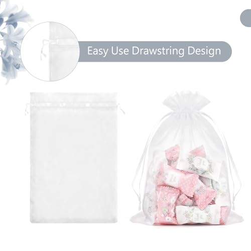 FUNFERY 100Pcs White Organza Bags 5x7 in,Small Mesh Drawstring Gift Bag - color: Classic White
