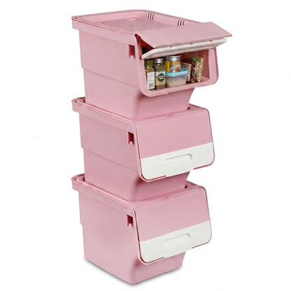 GIANTEX 3 Pack Plastic Stackable Storage Bins with Lids & Wheels, 12.5 QT - color: White + Pink, size: 3 Pack, 12.5 QT