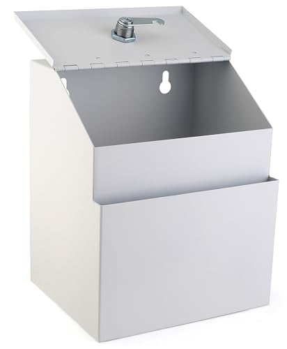 Suggestion Box with Lock and keys, Metal Wall Mounted Ballot Box, Iron steel Donation and Collection Drop Box 8.5" H x 6" W x 7" L with wide 5.5" Slot and front sheet holder (White) - color: White, size: Tabletop Box with Lock and Keys