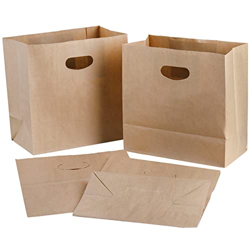 Foraineam 100 Pack Kraft Paper Bags, 11x6x11 Inch Natural Brown Paper Party Favor Goody Snack Gift Bag with Die Cut Handle, Bakery, Retail