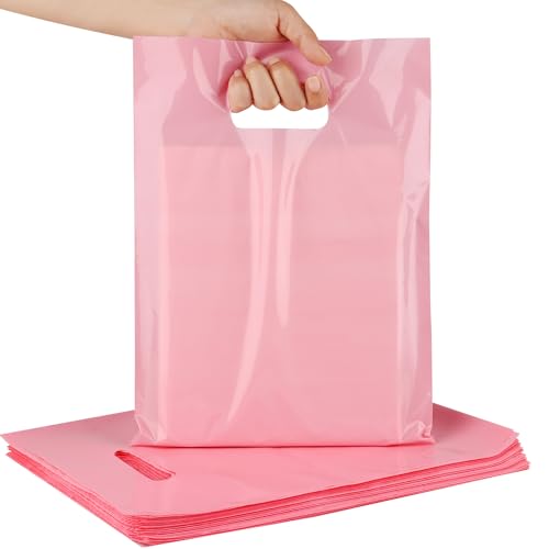 HOIIOH 100-Pack Pink Plastic Gift Bags with Handles, 9x12 In Goodie Bag - color: 100 Pack-9"x12" Pink Plastic Bags