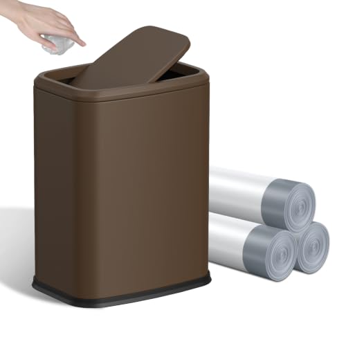 8L/2.1 Gallon Small Bathroom Trash Can with Lid, Swing-Top Rectangular Waste Bin, Stainless Steel Garbage Can for Home, Office, Toilet, Bedroom, Living-Room (Brown) - color: Brown
