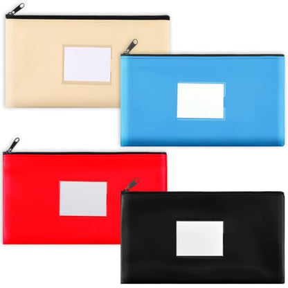 4 Pack Money Bags With Zipper, Pu Leather Cash Pouches, 11 x 6 In - color: Dark Colors