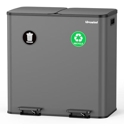 Lovewind Trash Can, 2 x 10.5 Gallon (2 x 40 L) Garbage Can for Kitchen Dual Compartment Recycling Kitchen Step Trash Bin, Stainless Steel Trash and Recycle Bin Combo with Soft-Close Lid, Grey - color: Grey