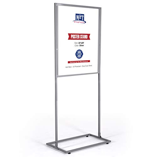 M&T Displays Metal Eco Info Board, Silver 22x28 Inches Slide-In Poster Sign Holder 1 Tier Double Sided Floor Standing Pedestal Advertising Display with Backing and Anti-Glare PET Cover
