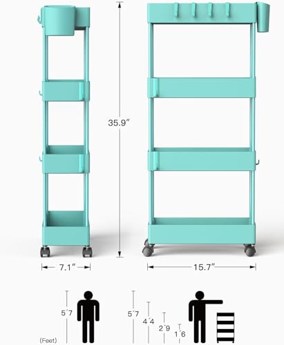 Pipishell 4 Tier Slim Storage Cart with Wheels, Laundry Cart, Turquoise - color: Turquoise, size: 4-Tier