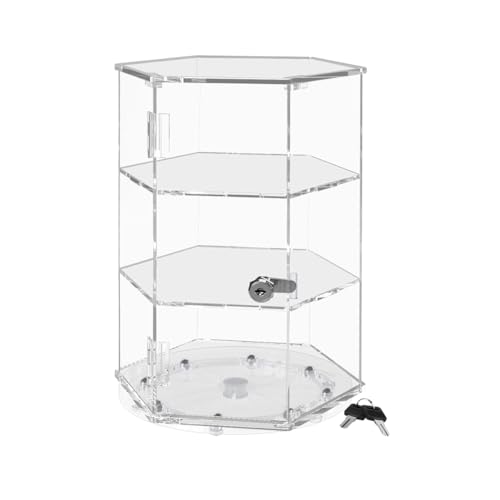 Marketing Holders Spinning Acrylic Cabinet 24" High Clear Locking Case with 2 Shelves Hexagon Shape Countertop Retail Display 2 Keys Included for Bakeries Gift Shops Galleries and Museums
