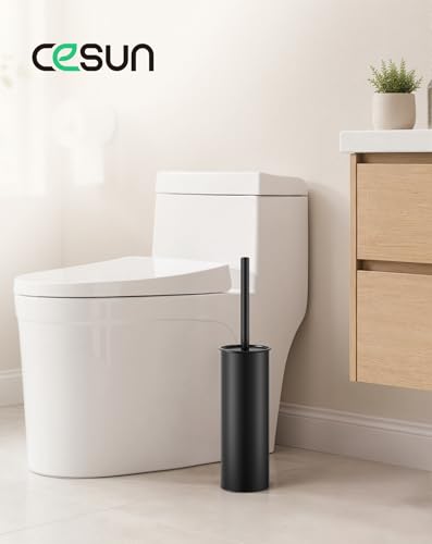 Cesun 304 Stainless Steel Toilet Brush and Holder Set, 2 Brush Heads, Black - color: Black