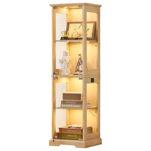 LELELINKY Farmhouse Narrow Glass Display Cabinet with Doors & Lock, Natural - color: Natural, size: 1 Pack