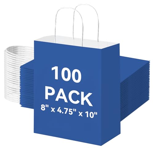 100 Pack Paper Gift Bags with Handles, 8x4.75x10 Inch, Royal Blue - color: Royal Blue