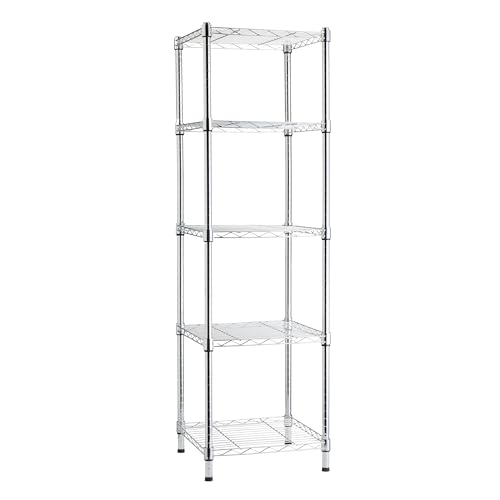 Amazon Basics 5-Shelf Tower Adjustable Storage Shelving Unit, Chrome, 16" x 16" x 54", 150 lbs Per Shelf - color: Chrome, size: 16"L x 16" W x 54"H, style: 5 -Shelf