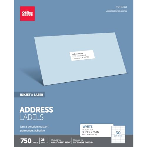 Office Depot White Inkjet/Laser Address Labels, 1in. x 2 5/8in., Pack of 750, 505-O004-0003