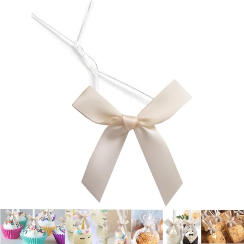 50 PCS 3 Inches Ribbon Twist Tie Bows for Treat Bags, Satin Bow Twist Ties, Pretied Bows, Twist Bows, Tied Bows with Wire, Pre Tied Ribbon Bows for Baby Shower, Favors, Popcorn(Ivory White) - color: Ivory White, size: 50 Pack