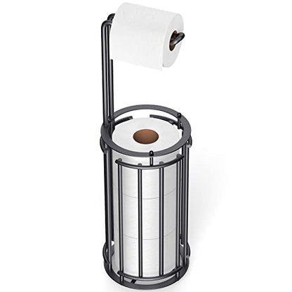 Meangood Toilet Paper Holder Stand and Tissue Paper Roll Dispenser for 4 Mega Rolls, Bathroom Free Standing Tissue Roll Storage Holder Rack, Detachable (Matte Black) - color: Black