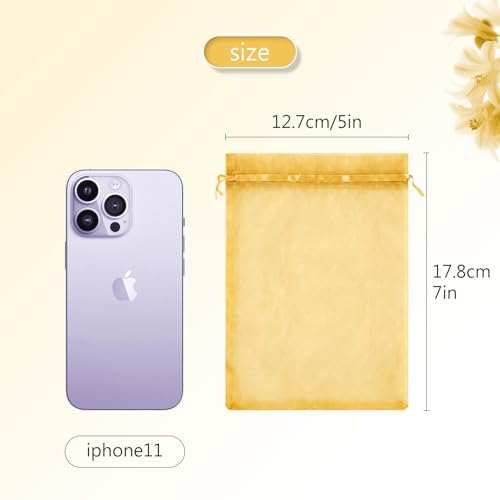 FUNFERY 100Pcs Gold Organza Bags 5x7 in,Small Mesh Drawstring Gift Bag - color: Gold