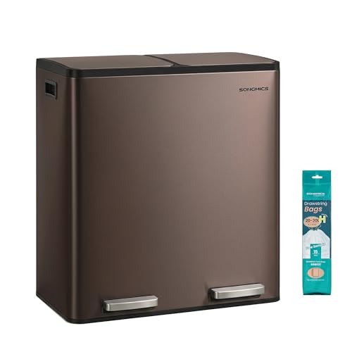SONGMICS Trash Can, 2 x 8 Gallon (2 x 30 L) Double Compartment - color: Brown, size: 2 x 8 Gal.