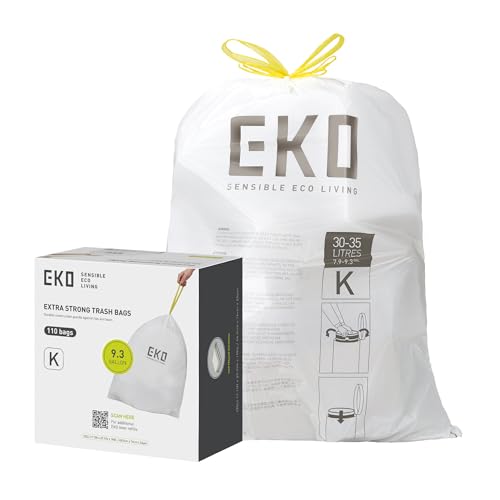 EKO 9.3 Gallon / 30–35 Liter Drawstring Trash Bags, 110 Count Heavy-Duty Tall Kitchen Garbage Can Liners, Extra-Strong Leak-Resistant, Unscented, White, Code K - size: 110 Count (Pack of 1), style: 9.3 Gallon Bags/Code K