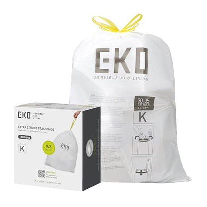 EKO 9.3 Gallon / 30–35 Liter Drawstring Trash Bags, 110 Count Heavy-Duty Tall Kitchen Garbage Can Liners, Extra-Strong Leak-Resistant, Unscented, White, Code K - size: 110 Count (Pack of 1), style: 9.3 Gallon Bags/Code K
