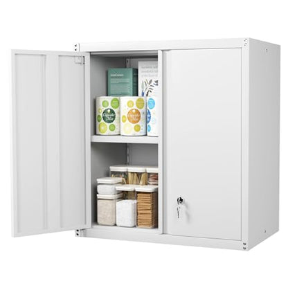 Metal Storage Cabinet with Lock, Kitchen Cabinets Wall Mounted, Steel Wall Cabinet with Doors and Shelf, Hanging Cabinet for Laundry, Pantry, Home Office, White - color: 28"h - White