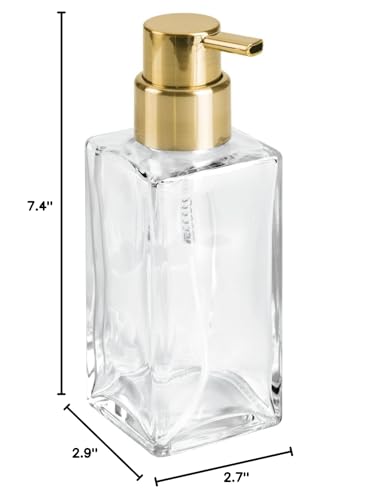 mDesign Glass Refillable Foaming Hand Soap Dispenser Modern Square Pump Bottle for Bathroom Vanities or Kitchen Sink, Countertops - 2 Pack - Clear/Soft Brass - color: Clear/Soft Brass