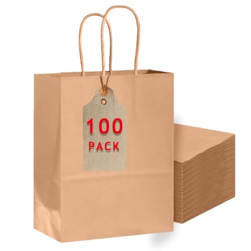 Bakepacker 100-Pack Large Size Gift Paper Bags with Handles Bulk 13"x10.3"x4.6" Brown Party Kraft Shopping Bags - color: Brown, size: 13"x10.3"x4.6"(Pack Of 100)
