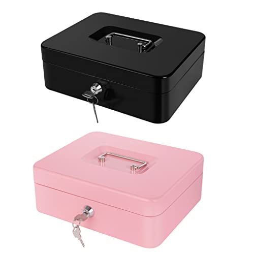 Cash Box with Money Tray and Lock, Metal Money Box for Cash Black + Pink