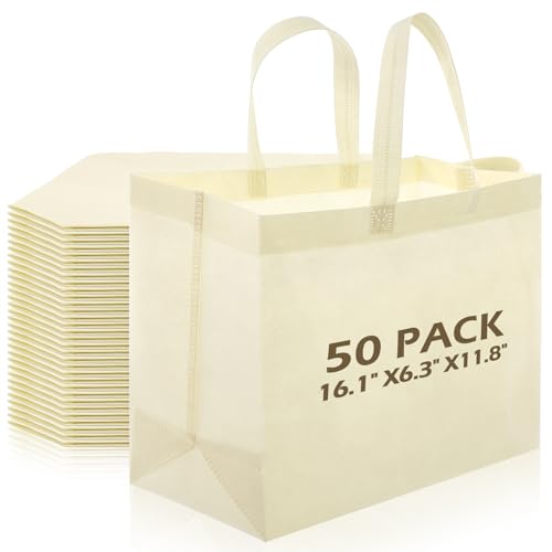 50 Pcs Reusable Grocery Bags Non Woven Tote Bags Bulk - color: Beige