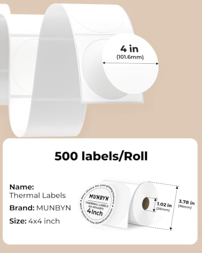 MUNBYN 4 Inch White Circle Thermal Labels for Business, 500 Sheets/1 Roll - color: White, size: 4inch