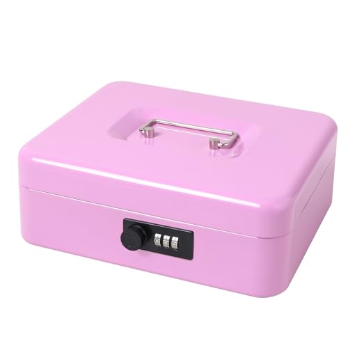 Jssmst Large Cash Box with Combination Lock - Durable Metal Cash Box with Money Tray, Light Purple (9.84 x 7.87 x 3.46) - color: Light purple, size: Large