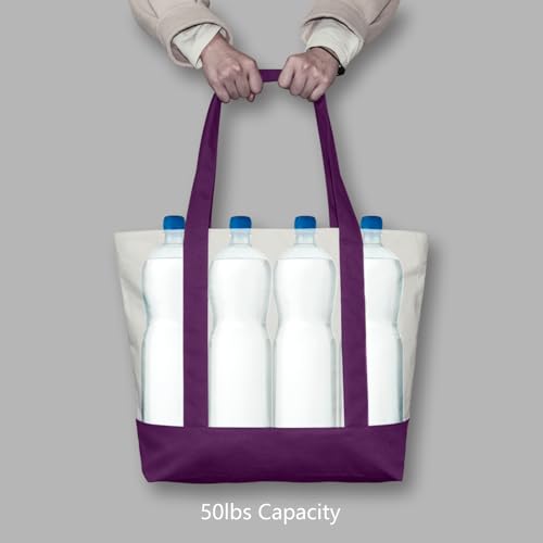 TOPDesign 1-Pack Canvas Tote Bag with an External Pocket, Reusable Grocery Shopping Bag, Top Zipper Closure, Daily Essentials (Purple/Natural) - color: Purple/Natural