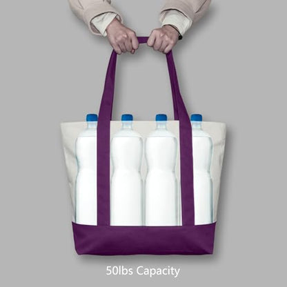 TOPDesign 1-Pack Canvas Tote Bag with an External Pocket, Reusable Grocery Shopping Bag, Top Zipper Closure, Daily Essentials (Purple/Natural) - color: Purple/Natural
