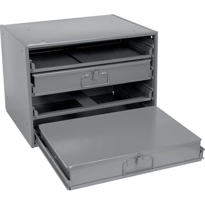 Global Industrial Durham Steel Compartment Box Rack with Four Adjustable Divider Compartment Boxes, 18" L x 12" W x 3" H Boxes, 20" L x 15-3/4"W x 15" H Overall